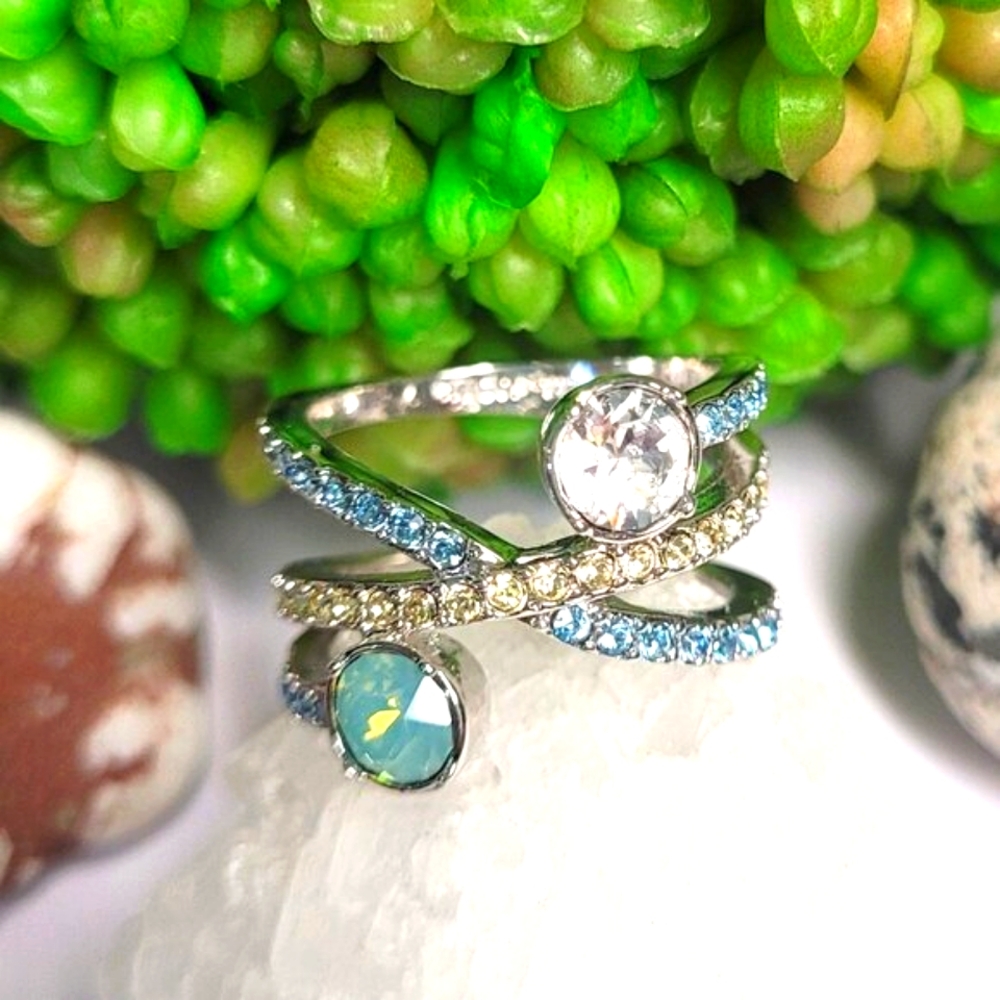 Lia Sophia Silver-Tone Aqua and Clear Crisscross Crystal Ring - Picture 4 of 5